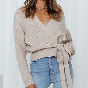 Beige V Neck Cropped Wrap Sweater S